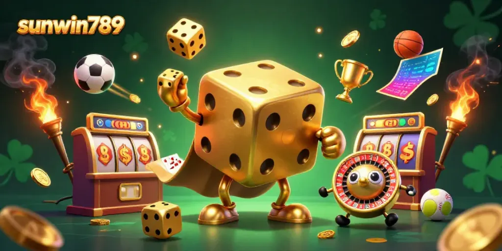Experience thrilling gaming at sunwin789 with a dynamic casino scene featuring a golden dice golem.