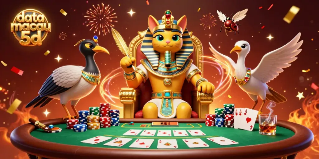 Data macau 5d memperlihatkan kucing firaun kartun dalam suasana kasino.