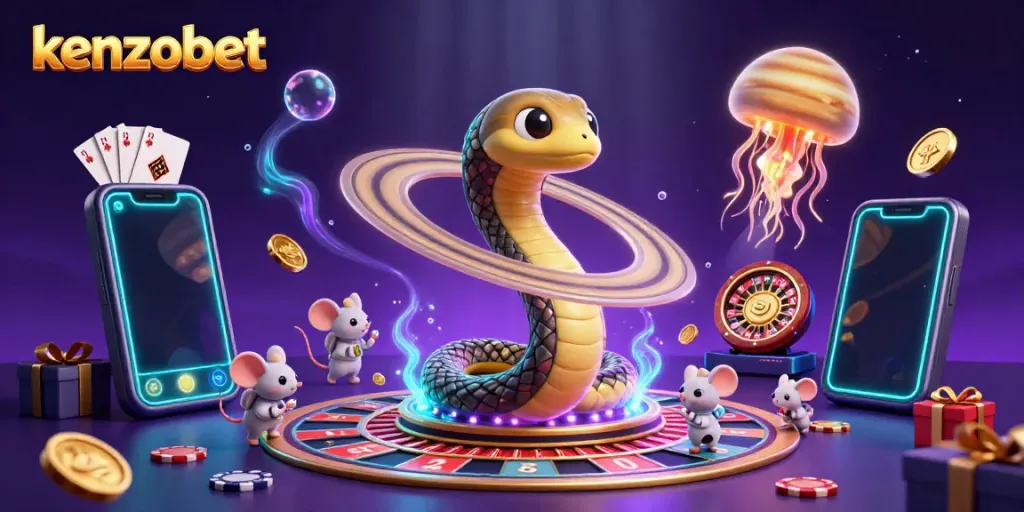 Experience the excitement of kenzobet with a cosmic scene featuring betting mice on a roulette wheel formed by Saturn's rings.