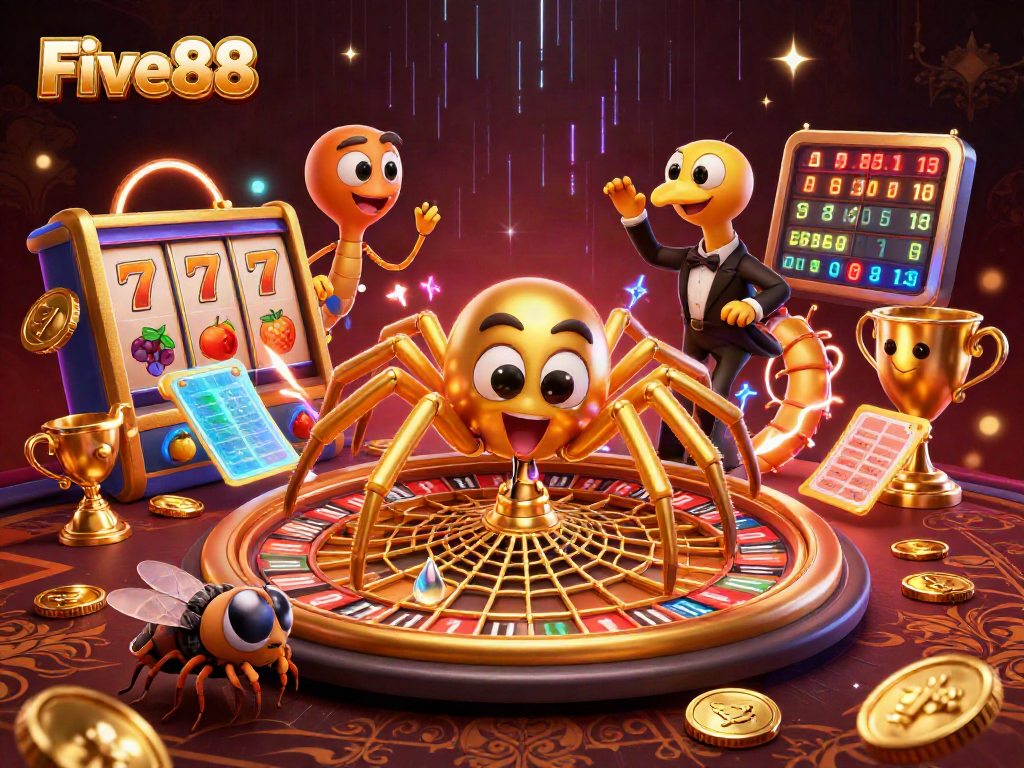 Experience thrilling bets with Five88 as a golden spider spins its roulette wheel web.