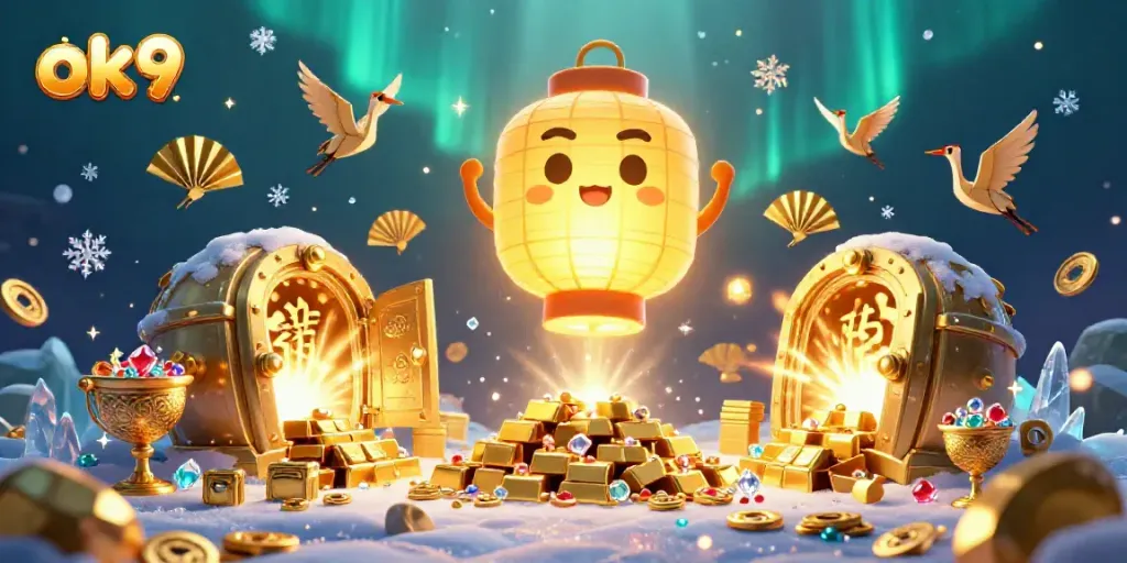 Immerse in the vibrant world of ok9, showcasing a glowing lantern spirit amidst a dynamic casino scene filled with treasures and luck.