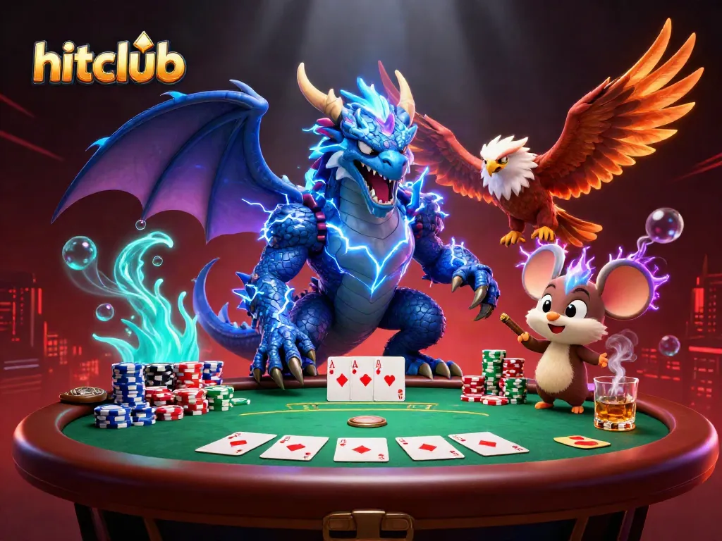 Engage in thrilling poker action with hitclub's electrifying gaming experience featuring dynamic characters and vibrant casino elements.
