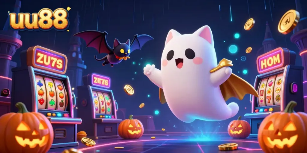 Experience the spooky charm of uu88 with a ghost cat in a haunted casino filled with glowing symbols.