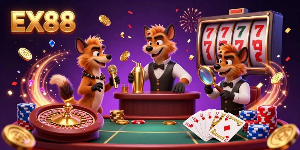 Experience laughter and excitement at EX88 as hyenas entertain in a vibrant casino atmosphere.