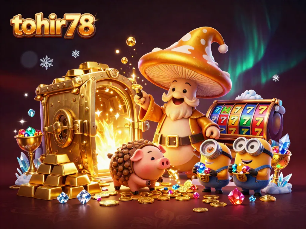 Experience the magic of tohir78 with a dazzling casino scene featuring golden treasures and whimsical characters.