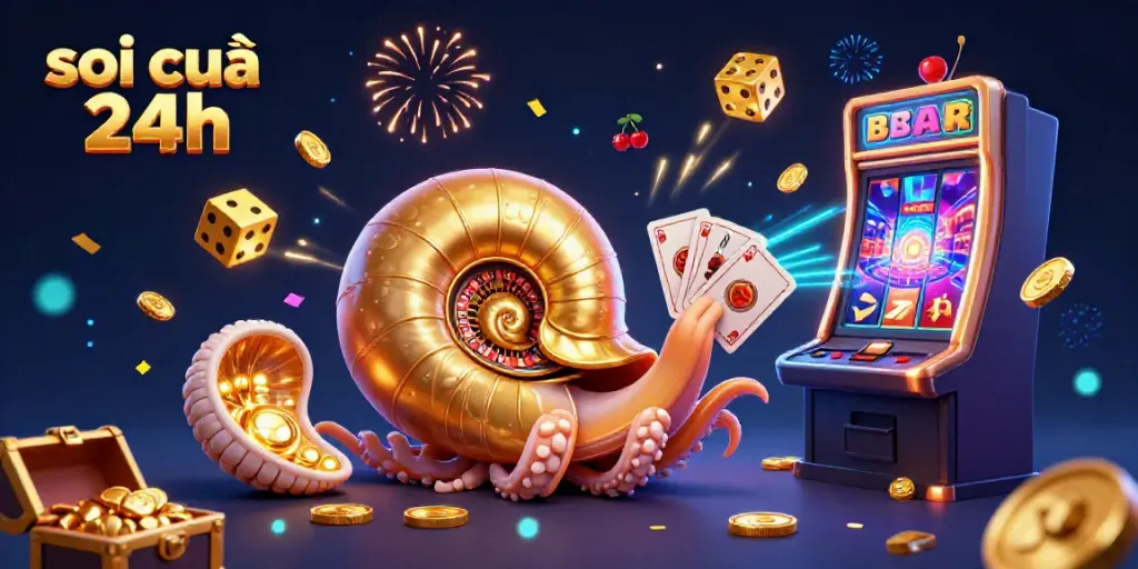 Soi cầu 24h showcases a dynamic 3D illustration featuring a giant nautilus roulette wheel with flying casino symbols.