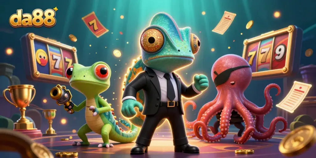 Experience thrilling gameplay at da88 with an energetic scene of a secret agent chameleon and gaming elements.