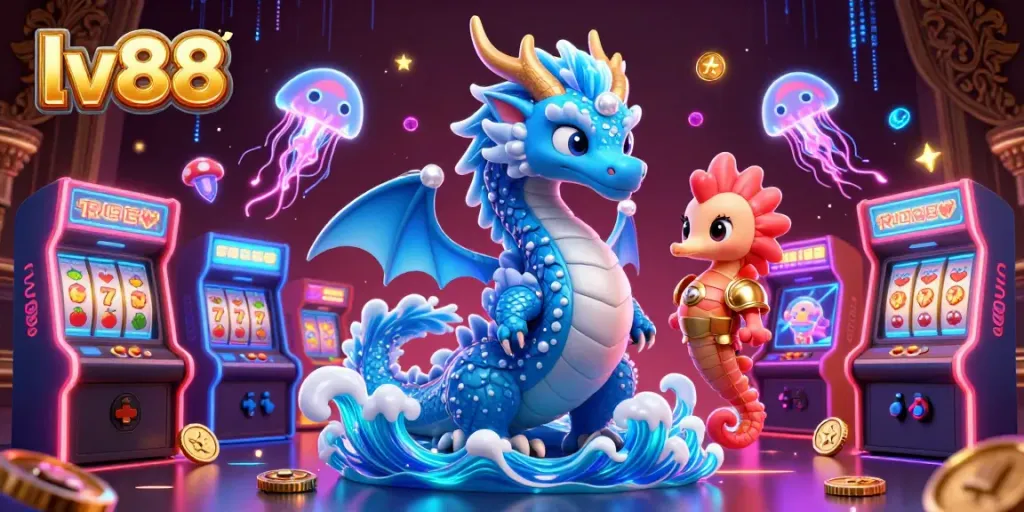Engage with lv88's thrilling gaming experience featuring a dragon, seahorse, and jellyfish in a vibrant casino.