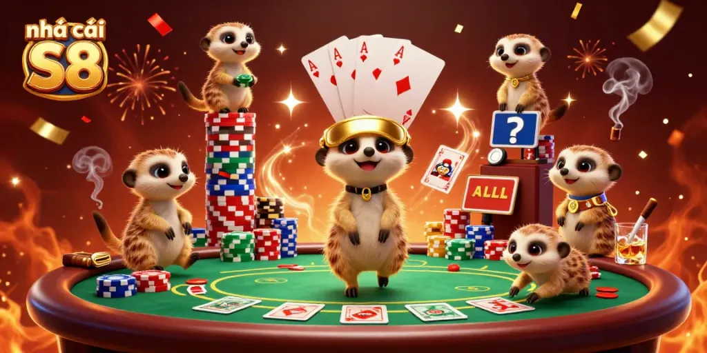 Experience the thrill of nhà cái S8 with playful meerkats operating an elaborate casino in vibrant colors.