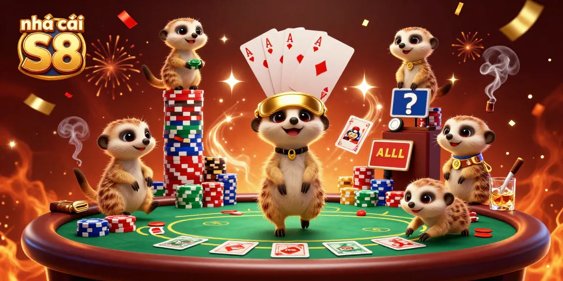 Experience the thrill of nhà cái S8 with playful meerkats operating an elaborate casino in vibrant colors.