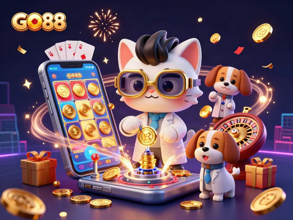 Experience the excitement of GO88 with a colorful 3D casino scene featuring dynamic gaming elements.