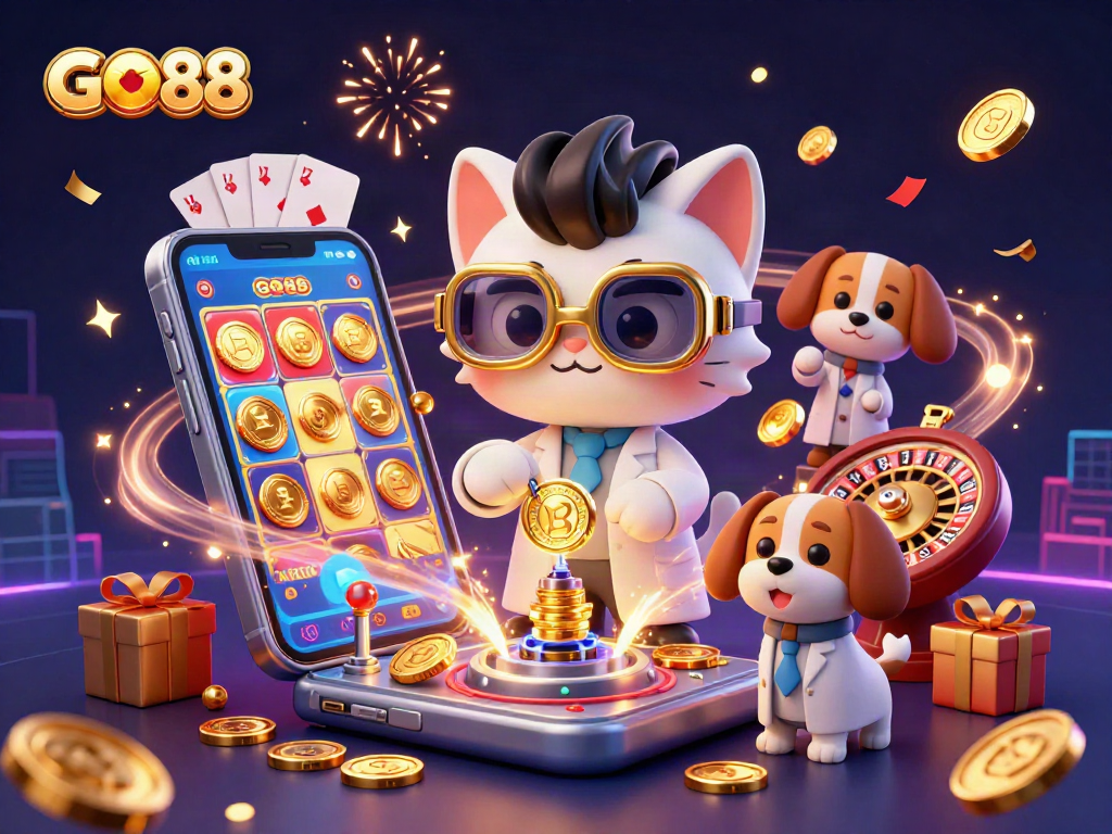 Experience the excitement of GO88 with a colorful 3D casino scene featuring dynamic gaming elements.