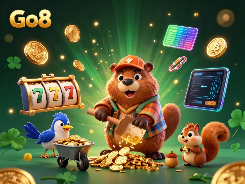 Experience the thrilling dynamics of Go8 casino gaming with playful characters amidst vibrant golden rain.