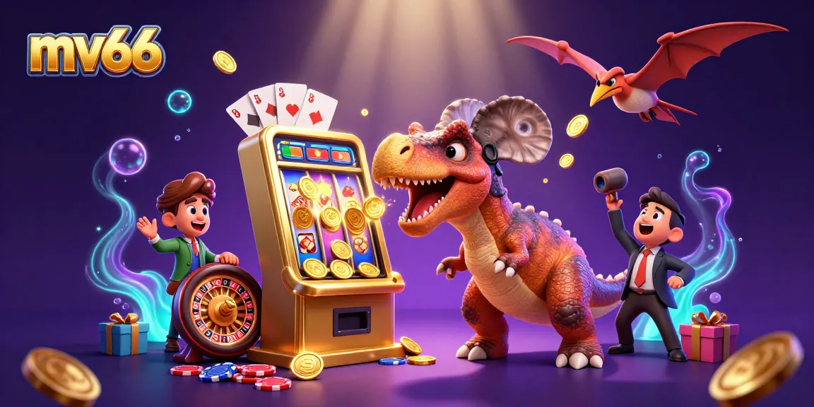 Experience thrilling jackpots with mv66's vibrant 3D casino scene featuring a pachycephalosaurus.