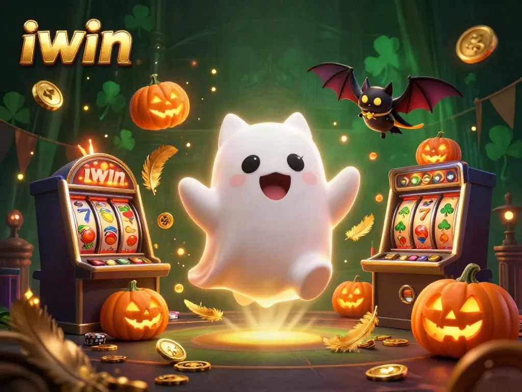 iwin ghost cat and bat exploring a vibrant haunted casino scene with slot reels and glowing elements