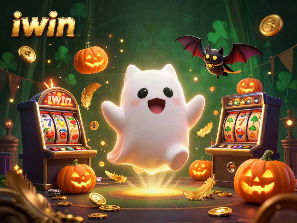 iwin ghost cat and bat exploring a vibrant haunted casino scene with slot reels and glowing elements