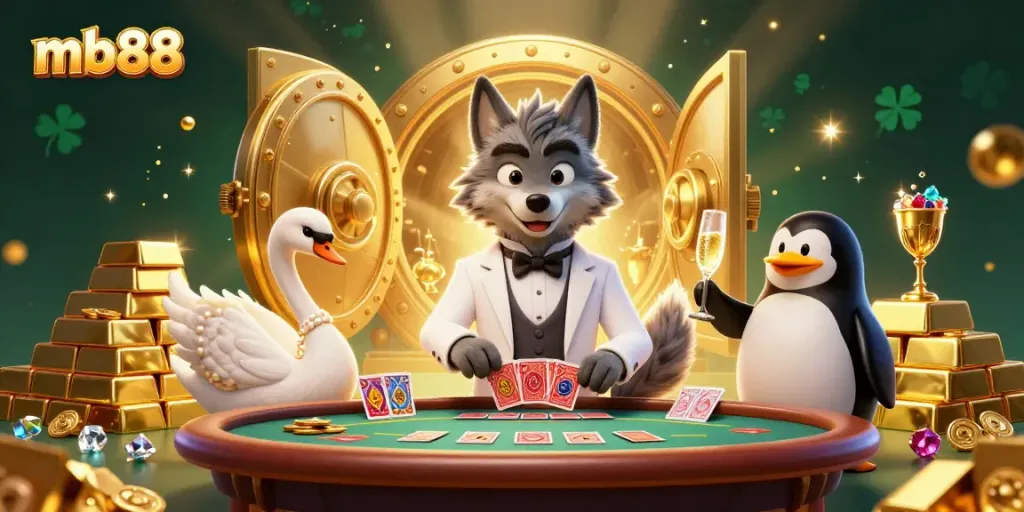 Experience the thrill of mb88 with a cartoon wolf at a baccarat table, gem-filled surroundings, and elegant characters.