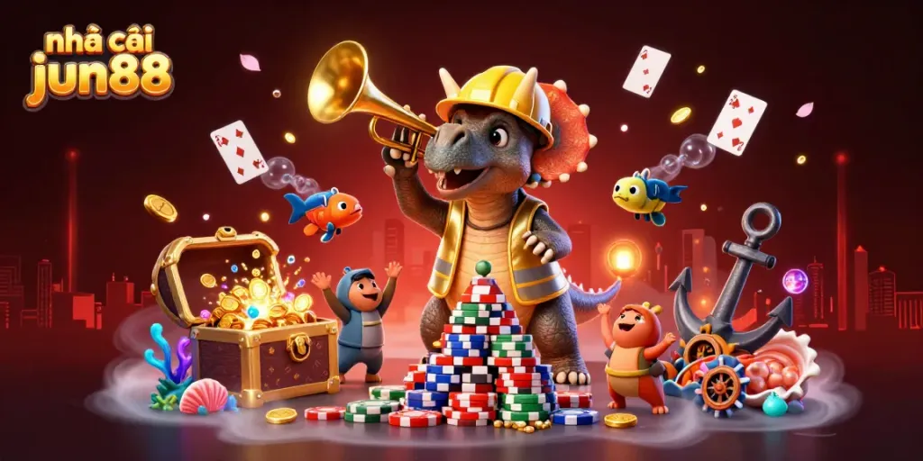 Engage with exciting gameplay at nhà cái jun88 featuring vibrant casino-themed characters and decorations.