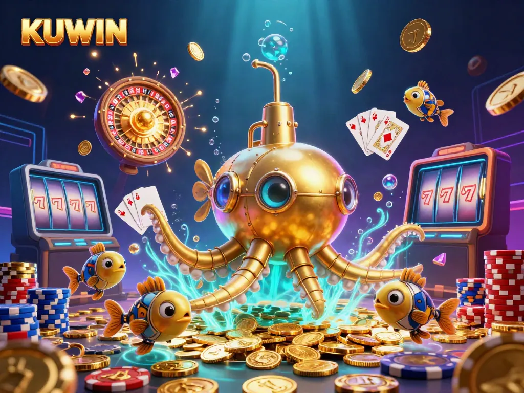 Join the adventure with KUWIN, featuring a golden kraken submarine amidst a sea of riches!