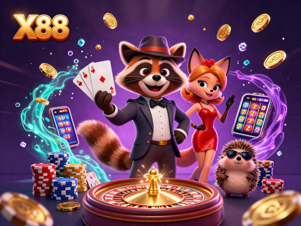 X88 enhances gaming excitement with a suave raccoon and a fox lady in a casino scene.