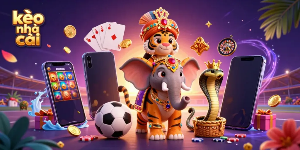 Engaging kèo nhà cái visualization with a cartoon tiger, elephant, and sports elements showcasing the excitement of betting.