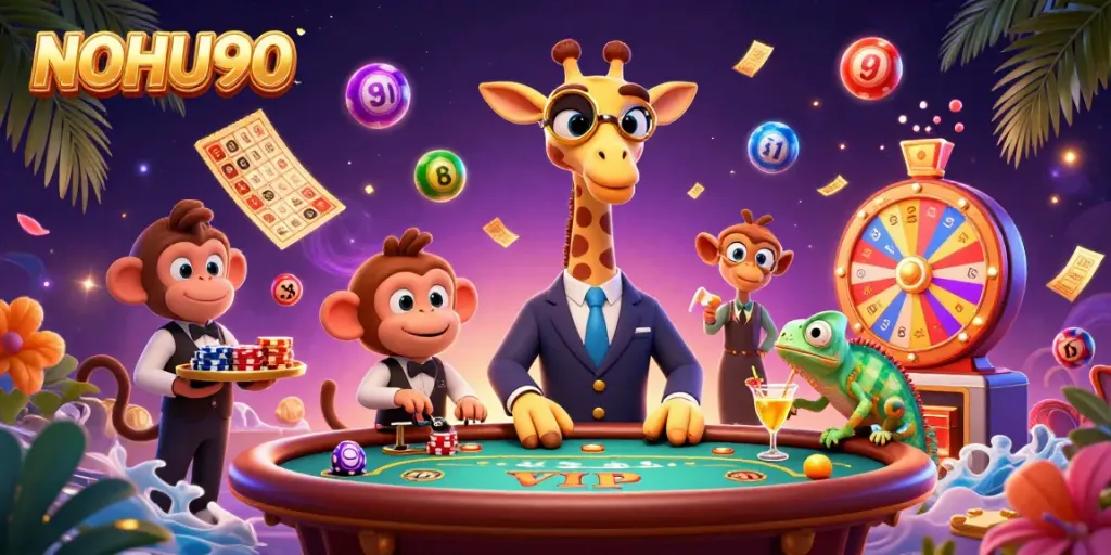 NoHU90 showcases an exhilarating casino scene with a high-roller giraffe, a monkey valet, and chameleon bartender, representing thrilling gambling action.