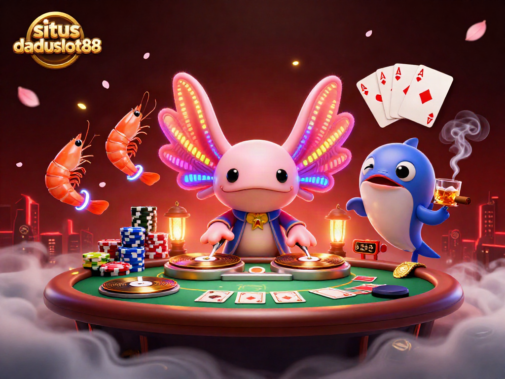 Taruhan dan kemenangan di situs daduslot88 dengan DJ axolotl dan karakter unik di kasino bawah laut.