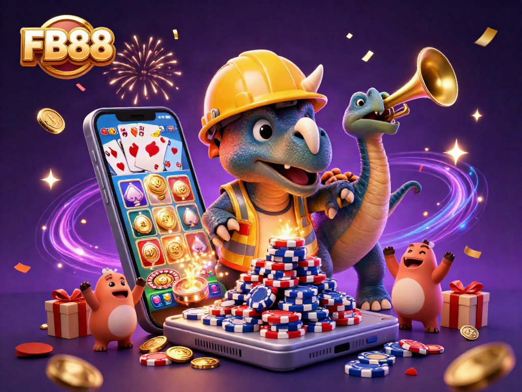 Join the fun with FB88 as a triceratops builds poker chips while celebrating online gaming wins!