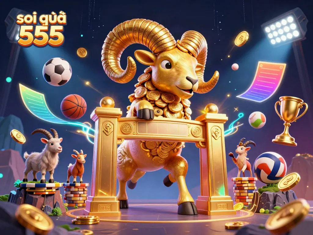 Soi cầu 555 featuring a golden ram at a betting scene packed with sports elements, coins, and trophies.