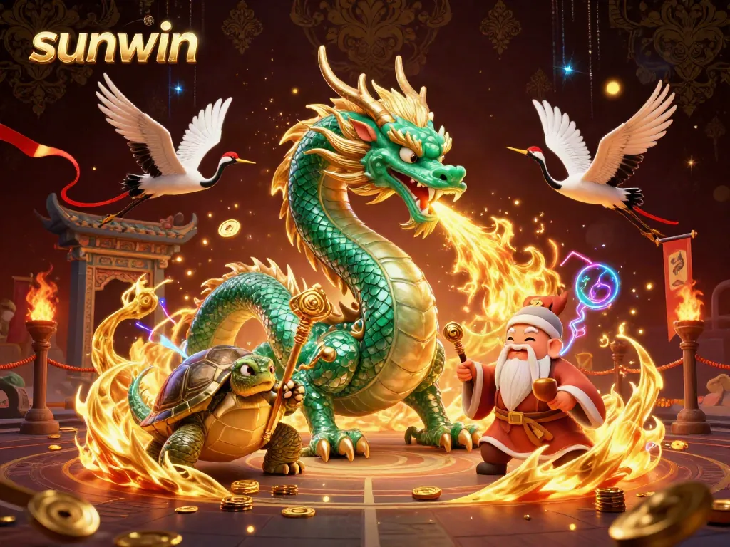Engage with sunwin's thrilling casino experience featuring a majestic jade dragon and dynamic characters.