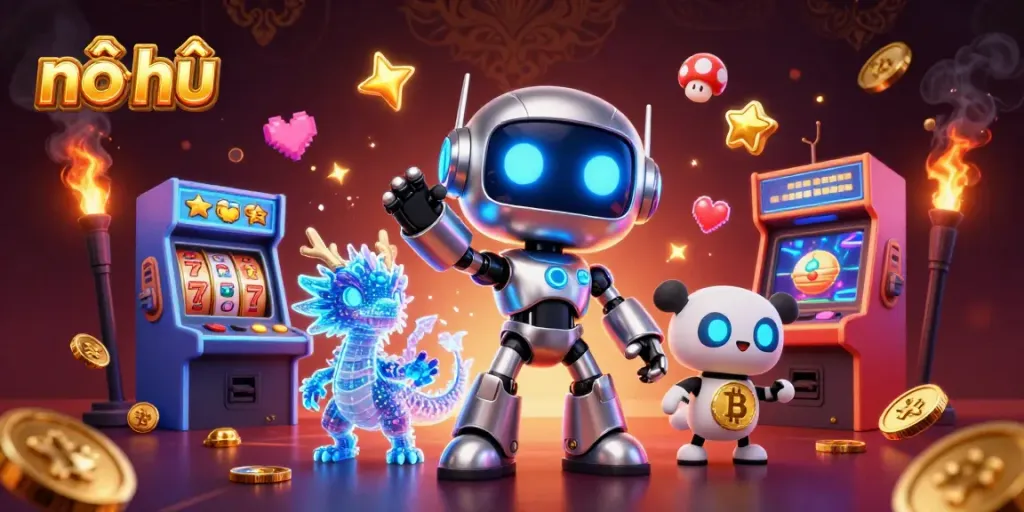 Experience nổ hũ excitement with vibrant 3D casino elements and futuristic characters.