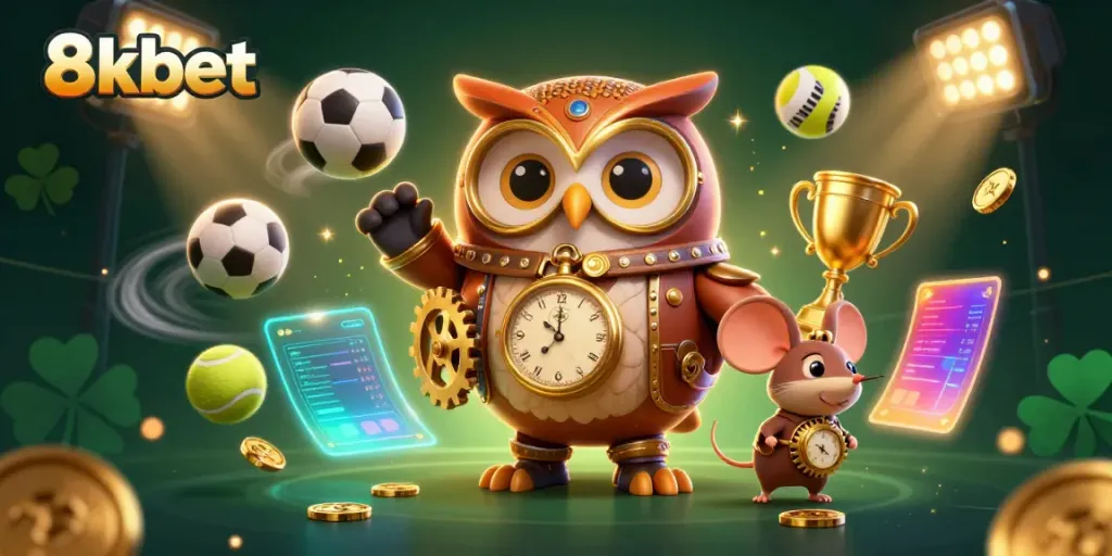 Engage with 8kbet's exciting casino world, showcasing a steampunk owl and dynamic sports elements.