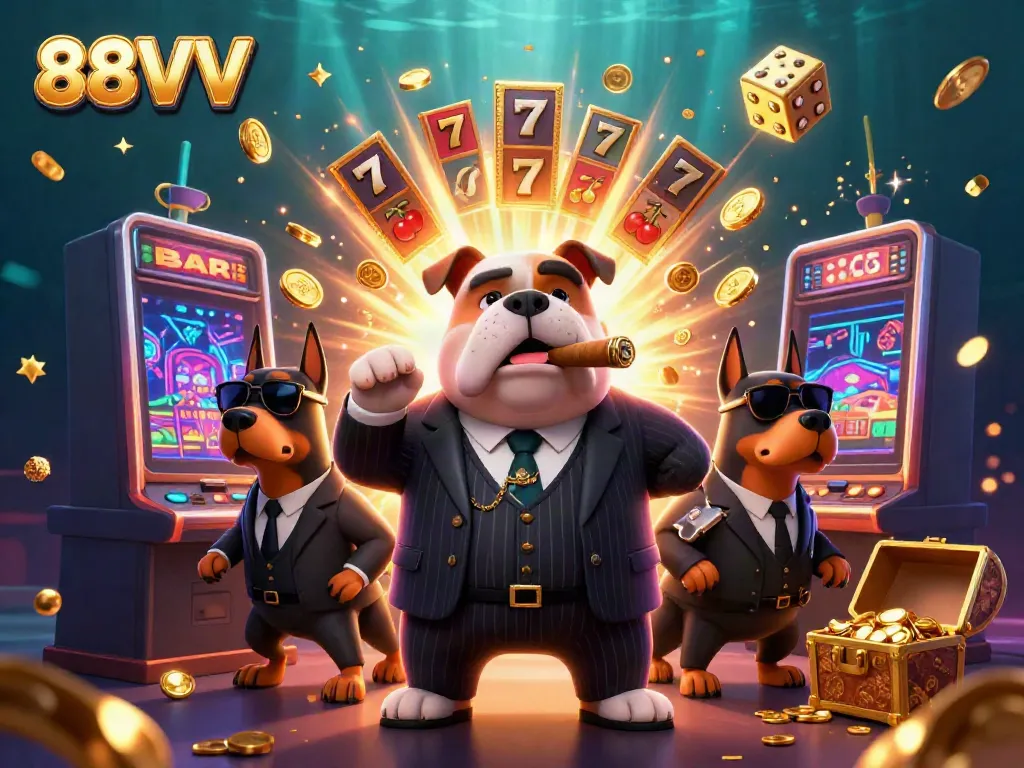 Experience the thrill of 88VV with a vibrant casino scene showcasing slot machines and cartoon characters bursting with energy.