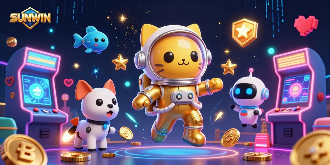 SUNWIN brings vibrant gaming energy with a cat astronaut and retro arcade machines in a cosmic scene.