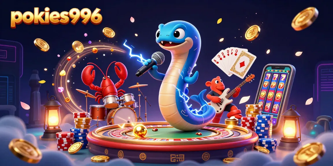 Spinning pokies996 reels with an electric eel DJ and vibrant casino atmosphere.