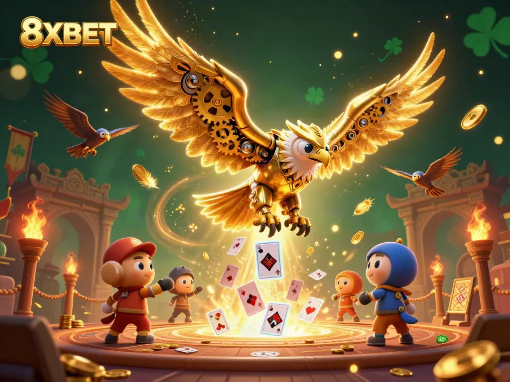 Engage with 8XBET where a cybernetic eagle dives through holographic cards in a vibrant casino scene.