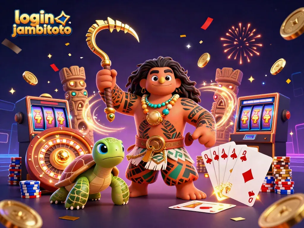 Spin to win with login jambitoto in a vibrant 3D casino scene filled with action.