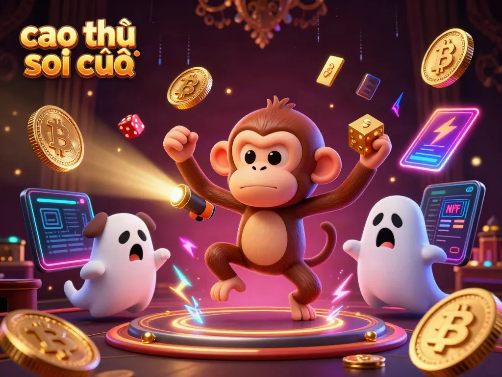 Engaging cao thủ soi cầu scene showing a playful poltergeist monkey juggling gold while a ghost-hunter puppy tracks it.