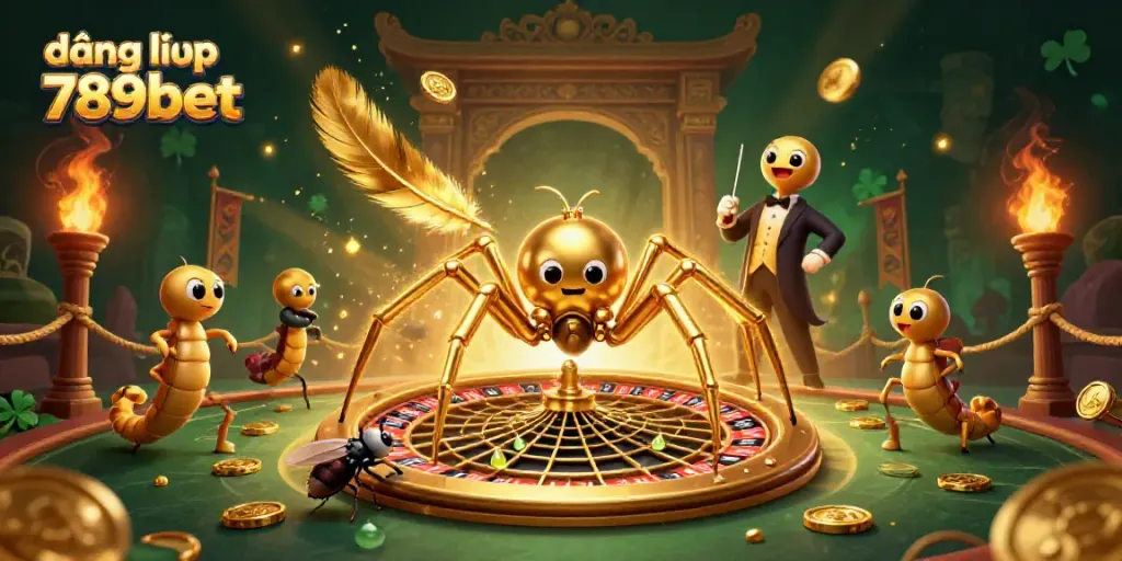 Engage with captivating details of đăng nhập 789bet, where a golden spider weaves a roulette wheel amidst casino excitement.