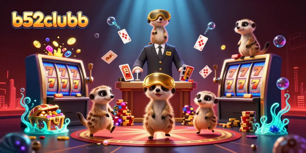 B52clubb meerkats orchestrating a lively casino operation with vibrant slot reels and swirling playing cards.