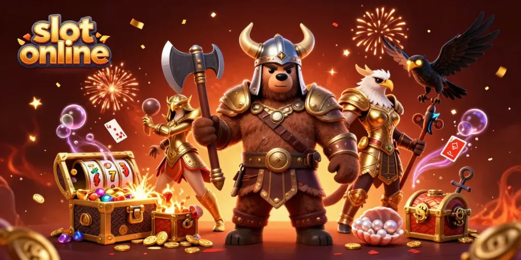 Spin and win at slot online with a Viking bear, Valkyrie eagle, and glowing treasures.