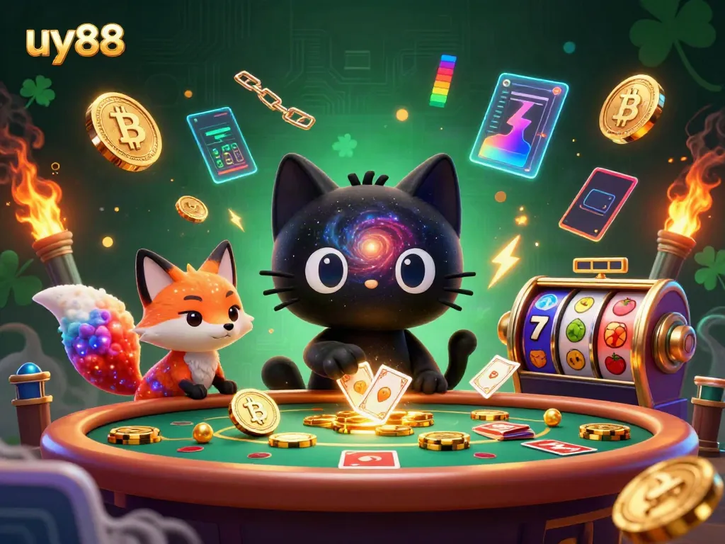 Engaging uy88 casino scene featuring a black hole cat and nebula fox amidst vibrant gaming elements.