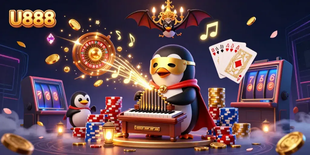 Experience the thrill of U888's vibrant casino scene with golden coins and bright gaming elements.