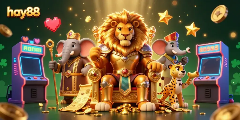 Engage with the vivid scene of hay88's casino adventure featuring a lion king, elephant advisor, and cheetah messenger.