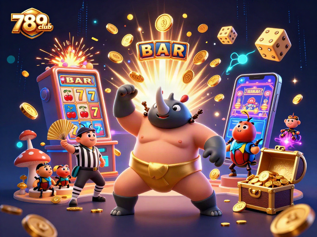 Engage with the thrilling world of 789club featuring a dynamic beetle champion amidst a dazzling casino scene.