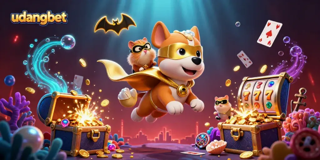 Experience the excitement of udangbet with a thrilling 3D superhero dog scene filled with gold and casino elements.