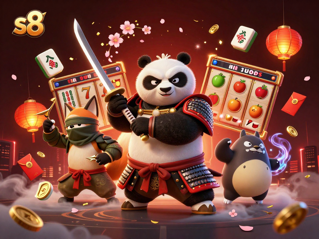 s8 slots samurai panda, ninja fox, and spirit tanuki creating a vibrant casino scene
