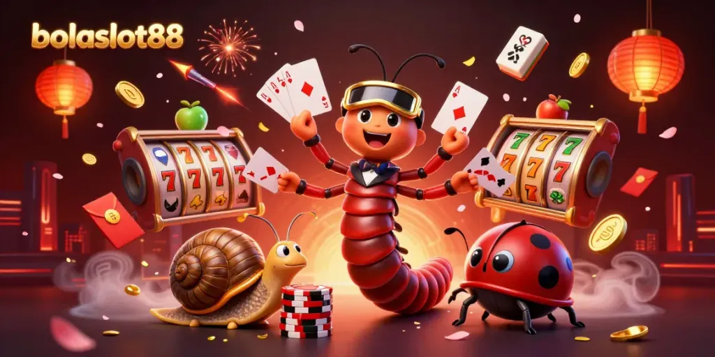 Experience excitement at bolaslot88 with 3D casino characters, spinning slots, and vibrant game elements
