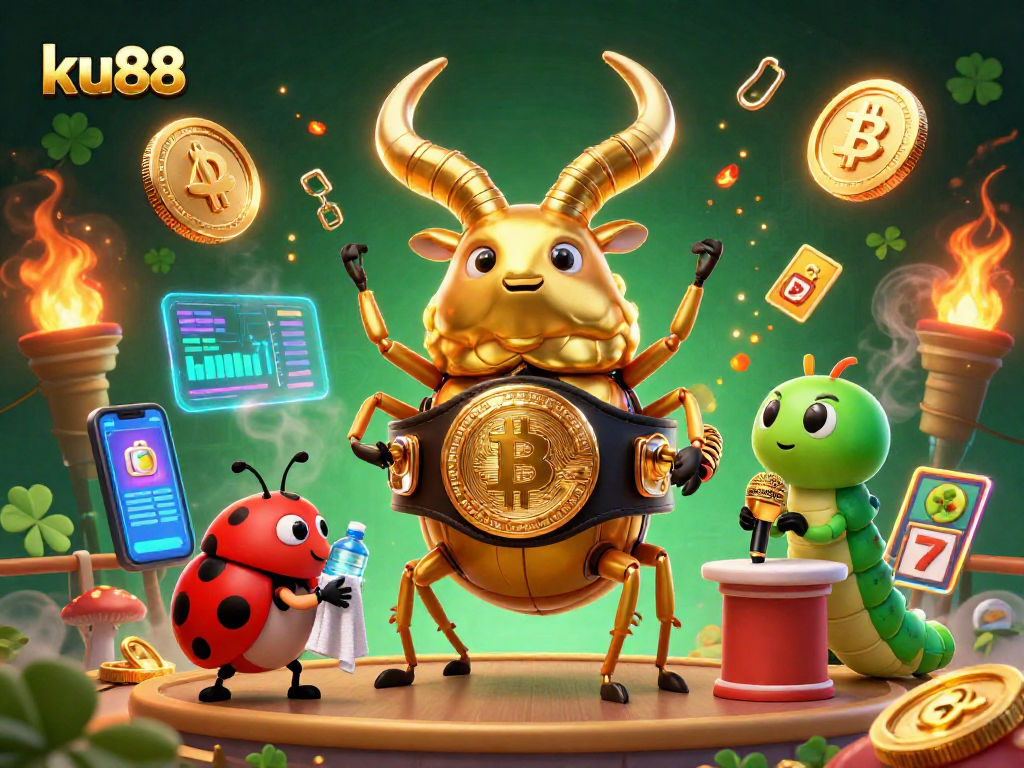 Experience thrilling casino action with ku88's vibrant 3D illustration of a golden stag beetle boxing.