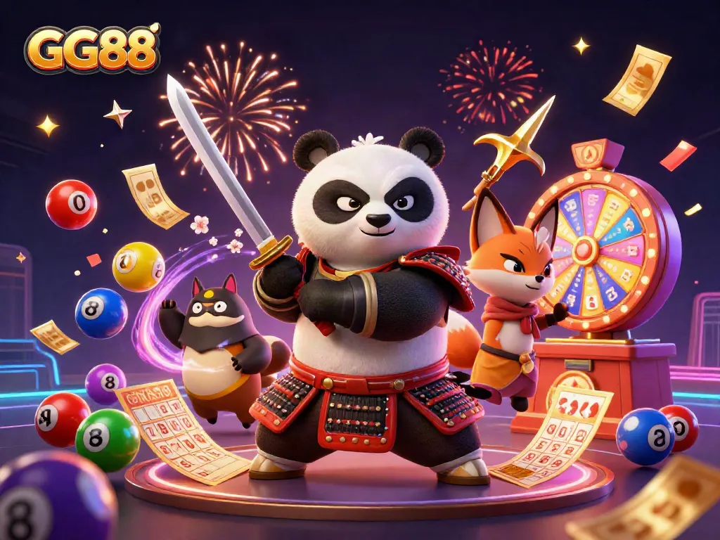 Experience thrilling gameplay at GG88 with festive lottery elements, a samurai panda, and dynamic energy.